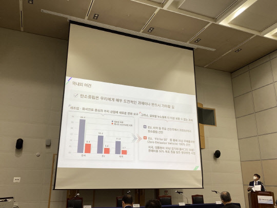 이민우 산업통상자원부 자동차과장이 18일 광주 김대중컨벤션센터 컨벤션홀에서 열린 '2021 한국자동차기자협회 심포지엄'에서 '미래자동차 확산 및 시장선점 전략'을 주제로 발표를 하고 있다. 장우진 기자